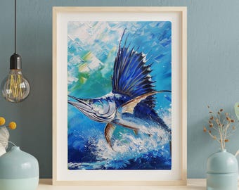 The Sailfish | Coastal Ocean Wall Art | Blue Marine Oil Painting | Beach House Decor | Nautical Printable | Digital Download