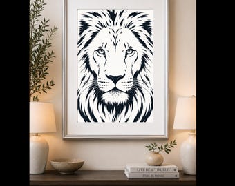 Royal Stripes™ | Black & White Lion Wall Art | Minimalist Wildlife Print | Modern Safari Decor | Wild Kingdom Collection