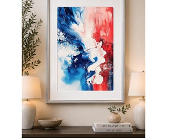 Crimson Current™ | Modern Minimalist Abstract Wall Art | Navy Blue, Red & White Printable | Luxury Digital Download | Contemporary Decor