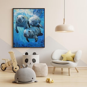 「水中抱擁」マナティーファミリーアートプリント • Serene Sea Cow デジタルダウンロード • Coastal Nursery & Ocean Décor