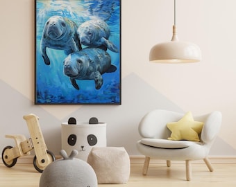 Manatee Family Art Print • Coastal Nursery Decor (Digital Download)