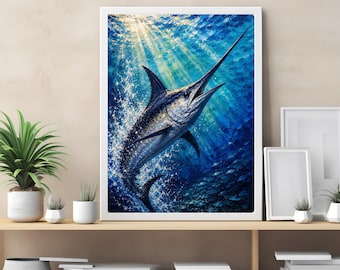 Blue Marlin Majesty™ | Coastal Ocean Wall Art Print | Blue Marlin Fishing Artwork | Nautical Beach House Decor | Luxury Digital Download