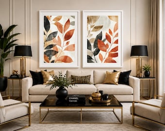 Autumn Leaves Harmony™ | Set of 2 Modern Botanical Prints | Neutral Beige, Rust & Charcoal Wall Art | Luxury Printable Decor