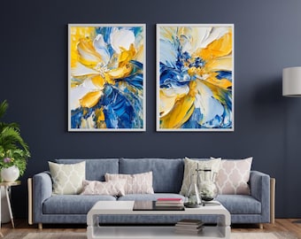 Blue & Yellow Floral Abstract Art Prints • Modern Diptych (Digital Download)