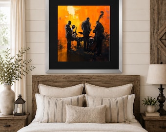 Golden Groove| | Modern Jazz Band Oil Painting | Musician Wall Decor | Printable Art| Saxophone & Bass Artwork |Living Room Art