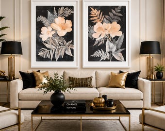 Botanical Harmony™ | Set of 2 Black Botanical Art Prints | Neutral Floral Line Art | Modern Botanical Decor | Printable Wall Art