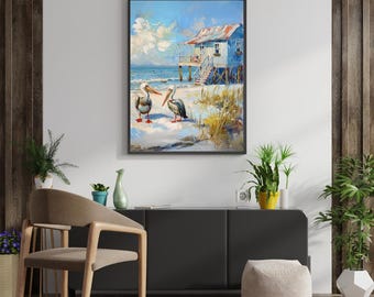 Coastal Pelican Pair Art Print • Beach Cottage Wall Decor (Digital Download)