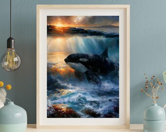 Orca at First Light™ | Killer Whale Wall Art | Ocean Wildlife Print | Coastal Decor | Marine Life Artwork | Beach House Printable