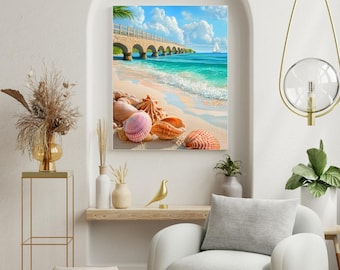 Ocean Bridge Coastal Print | Tropical Beach Landscape, Seashells (Digital Download)