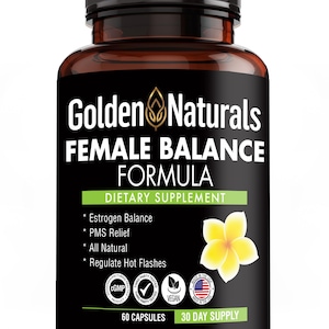 May include: A brown bottle with a black label that reads "Golden Naturals Female Balance Formula Dietary Supplement". The label also lists the benefits of the supplement, including estrogen balance, PMS relief, and regulating hot flashes. The bottle contains 60 capsules and is a 30-day supply.