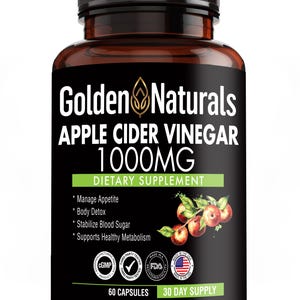 May include: A brown bottle with a black label that says "Golden Naturals Apple Cider Vinegar 1000MG Dietary Supplement". The label also includes a list of benefits, such as managing appetite, body detox, stabilizing blood sugar, and supporting healthy metabolism. The bottle has a white cap and is labeled with "60 Capsules 30 Day Supply".