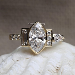 2.00 Ctw Cluster Diamond Ring Bezel Set Moissanite Ring Marquise Cut Moissanite Engagement Ring Yellow Gold Wedding Ring Handmade Gift Ring