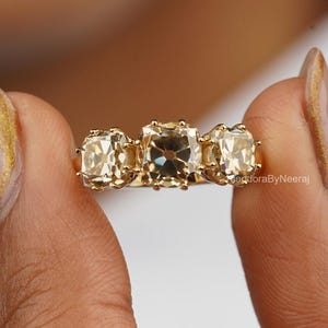 Art Deco Ring/ Cushion OEC Moissanite Ring/ 3.15 CT Champagne Moissanite 18K Solid Gold Ring/ Three Stone Wedding Ring/ Perfect Gift For Her