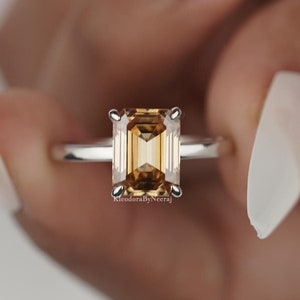 2.00 Ct Emerald Cut Champagne Moissanite Engagement Ring Champagne Moissanite Ring Solitaire Emerald Moissanite Ring Brown Diamond Ring Gift