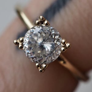 Anello con moissanite taglio portoghese rotondo da 1,10 ct, anello di fidanzamento solitario con taglio portoghese antico, anello in oro giallo 14k con diamanti VVS1