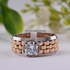 14K Gold Men’s Ring/ Bold Woven Band Men&#39;s Ring/ Rose & White Gold Two-Tone Band/ Lab Grown Diamond Ring/ Solitaire Diamond Engagement Ring