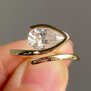 2.00 Ct Pear Cut Moissanite Ring East West Moissanite Ring Bezel Set Moissanite Engagement Ring Solitaire Wedding Ring 14k Gold Diamond Ring