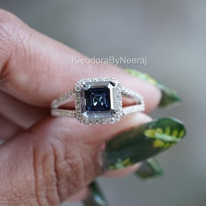 Blue Moissanite Engagement Ring/ Asscher Shape Moissanite Ring/ 2.00 CT Diamond Wedding Ring/ Split Band Pave Set Ring/ Anniversary Ring
