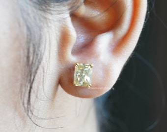 Canary Yellow Moissanite Earring Radiant Cut Stud Earring 2 + 2 Ct Radiant Cut Yellow Moissanite Stud Earring Diamond Earring For Woman Gift