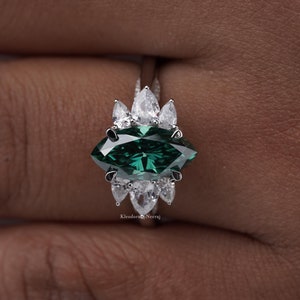 Marquise Shape Green Moissanite Ring/ Cathedral Ring/ 14K Solid White Gold Ring/ Diamond Engagement Ring/ Anniversary Gift Ring For Her