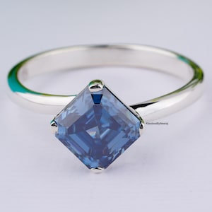 Blue Moissanite Engagement Ring/ Solitaire Diamond Prong Set Ring/ 2.00 CT Asscher Shape Moissanite Ring/ Anniversary Gift Ring For Women