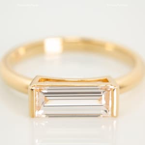 1.50 Ct Baguette Cut Engagement Ring Long Baguette Moissanite Ring East West Baguette Diamond Ring 14k Yellow Gold Bezel Set Solitaire Ring