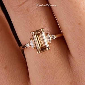 2.20 Ctw Vintage Emerald Cut Engagement Ring, Champagne Moissanite Ring, Cluster Diamond Ring, Unique Wedding Ring, Dainty Ring Gift For Her