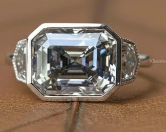 Emerald Shape Grey Moissanite Ring/ Cathedral Ring/ 14K Solid White Gold Ring/ Gray Moissanite Ring/ Bridal Wedding Ring/ Women's Gift Ring