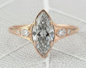 Marquise Shape Moissanite Ring/ Three Stone Moissanite Ring/ Grey Moissanite Diamond Ring/  18K White Gold Engagement Ring/ Promise Ring