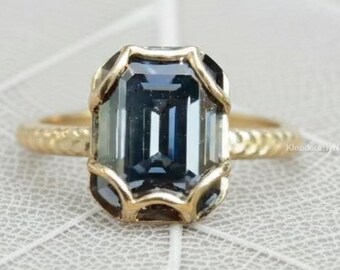 2.50 Ct Emerald Cut Grey Moissanite Ring Antique Gray Moissanite Ring Bezel Set Emerald Moissanite Ring Solitaire Engagement Ring Gold Ring