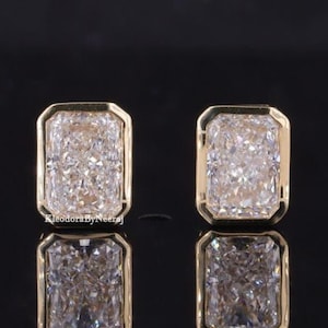 Radiant Cut Moissanite Earring Bezel Set Moissanite Stud Earring 1 + 1 Ct Radiant Cut Stud Earrings Screw Back Yellow Gold Diamond Earring
