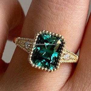 2.50 Ctw Radiant Moissanite Engagement Ring Green Stone Moissanite Ring Bezel Set Moissanite Wedding Ring Anniversary Ring Gift For Women