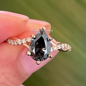 1.65 Ctw Dark Gray Moissanite Ring Pear Cut Grey Moissanite Engagement Ring Pear Moissanite Ring Unique Diamond Wedding Ring Propose Ring