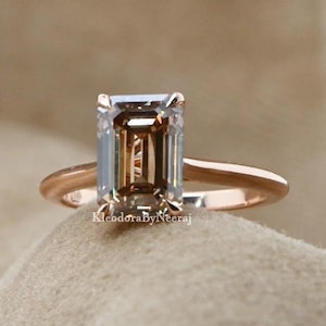 2.00 Ct Emerald Cut Champagne Moissanite Engagement Ring Bezel Set Solitaire Moissanite Ring Brown Moissanite Ring Emerald Moissanite Ring