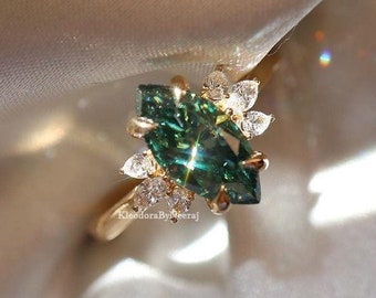 1.80 Ctw Marquise Cut Green Moissanite ring cluster Unique Engagement Ring Green Marquise Moissanite Ring Yellow Gold Wedding Ring Bridle