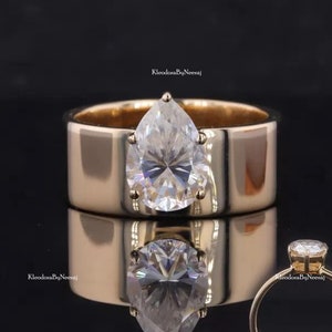 2.00 Ct Pear Cut Moissanite Wedding Ring Cigar Wide Band Engagement Ring Pear Moissanite Ring Solitaire Diamond Ring Yellow Gold Bridle Ring