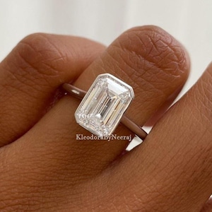 3.00 Ct Emerald Cut Moissanite Ring Solitaire Diamond Engagement Ring Bezel Set Moissanite Wedding Ring White Gold Promise Ring For Woman