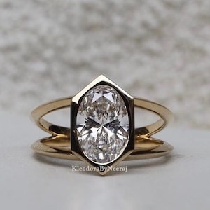2.00 Ct Double Band Wedding Ring Bezel Set Oval Moissanite Ring Solitaire Oval Cut Engagement Ring 14k Yellow Gold Diamond Ring For Woman