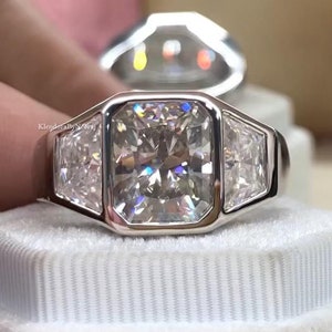 3.50 Ctw Bezel Set Moissanite Ring Three Stone Moissanite Gray Engagement Ring Cushion Cut Grey Moissanite Wedding Ring 14k White Gold Ring