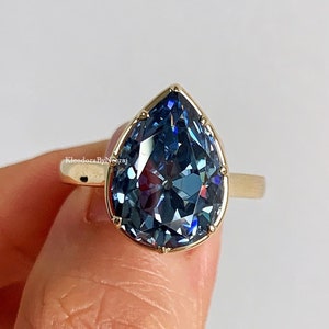 Solitaire Old European Moissanite Ring 5 Ct Dark Blue Pear Moissanite Ring Bezel Set Old Mine Cut Diamond Ring Antique Blue Moissanite Ring