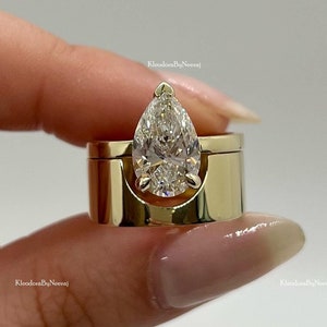 2.00 Ct Pear Cut Moissanite Diamond Solitaire Ring With Cigar Wedding Band, Unique Wide Cut Out Design Band, 14K Yellow Gold Bridal Ring Set
