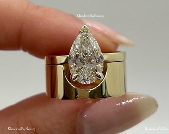 2.00 Ct Pear Cut Moissanite Diamond Solitaire Ring With Cigar Wedding Band, Unique Wide Cut Out Design Band, 14K Yellow Gold Bridal Ring Set