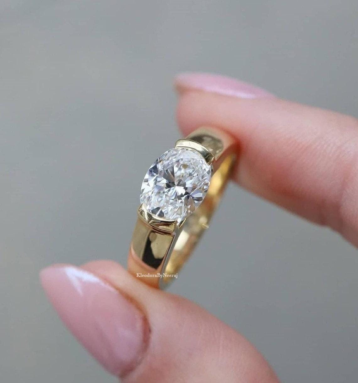 East-West Oval Cut Half Bezel Set Ring 1.50 CT Oval Moissanite Ring Solitaire Engagement Ring Solid Yellow Gold Ring Dainty Bridal Ring Gift