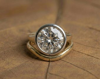 Huge Round Cut Moissanite Diamond Engagement Ring Set, Minimalist Two Tone Bezel Set Bridal Ring Perfect Wedding Ring For Her Solitaire Ring