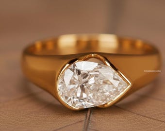 2.00 Ct Pear Cut Moissanite Bezel Set Engagement Ring East West Pear Moissanite Solitaire Moissanite Ring Yellow Gold Wedding Diamond Ring