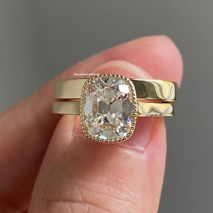3.00 Carat Cushion Old Mine Cut Wedding Ring Set/ Solitaire Diamond Engagement Ring/ Bezel Set Yellow Gold Ring/ Anniversary Gift Ring Set