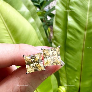 Princess Cut Yellow Moissanite Earring Princess Moissanite Stud Earring 5.00 Ctw Canary Yellow Moissanite Earring Square Diamond Earring VVS