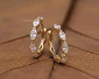 Marquise Moissanite Hoop Earrings VVS Prong Set Solitaire Everyday Bridal Huggie Hoops Gift for Her Anniversary Wedding Huggies Unique Gift