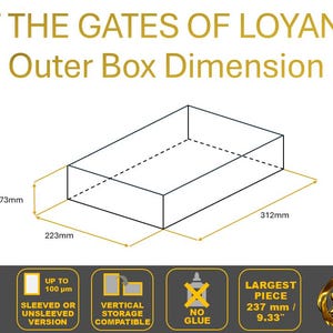 Pode incluir: Um diagrama que mostra as dimens&otilde;es da caixa exterior de um jogo de tabuleiro. A caixa mede 312 mm de comprimento, 223 mm de largura e 73 mm de altura. O texto "At the Gates of Loyang" est&aacute; no topo da imagem. O texto "Outer Box Dimension" est&aacute; abaixo do t&iacute;tulo. A imagem tamb&eacute;m inclui informa&ccedil;&otilde;es sobre os componentes do jogo, como o tamanho da pe&ccedil;a maior e se &eacute; necess&aacute;rio cola para a montagem.