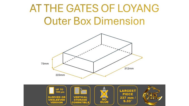 Pode incluir: Um diagrama que mostra as dimens&otilde;es da caixa exterior de um jogo de tabuleiro. A caixa mede 312 mm de comprimento, 223 mm de largura e 73 mm de altura. O texto "At the Gates of Loyang" est&aacute; no topo da imagem. O texto "Outer Box Dimension" est&aacute; abaixo do t&iacute;tulo. A imagem tamb&eacute;m inclui informa&ccedil;&otilde;es sobre os componentes do jogo, como o tamanho da pe&ccedil;a maior e se &eacute; necess&aacute;rio cola para a montagem.